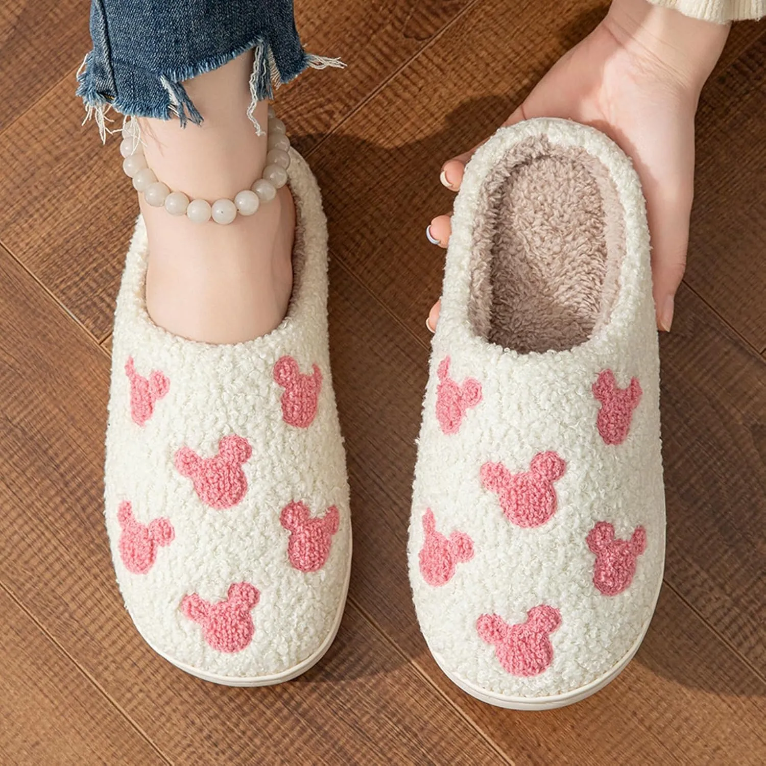Womens Mens House Slippers Retro Comfy Warm Plush Slip on Fluffy Memory Foam Home Sippers for Winter Indoor Outdoor