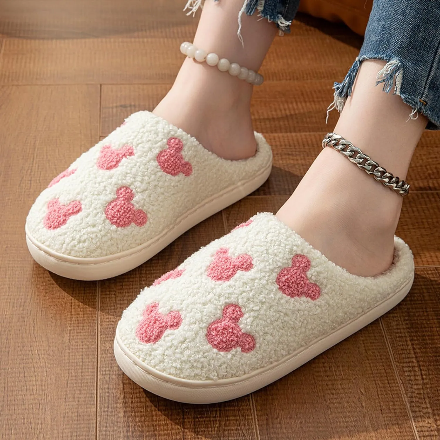 Womens Mens House Slippers Retro Comfy Warm Plush Slip on Fluffy Memory Foam Home Sippers for Winter Indoor Outdoor