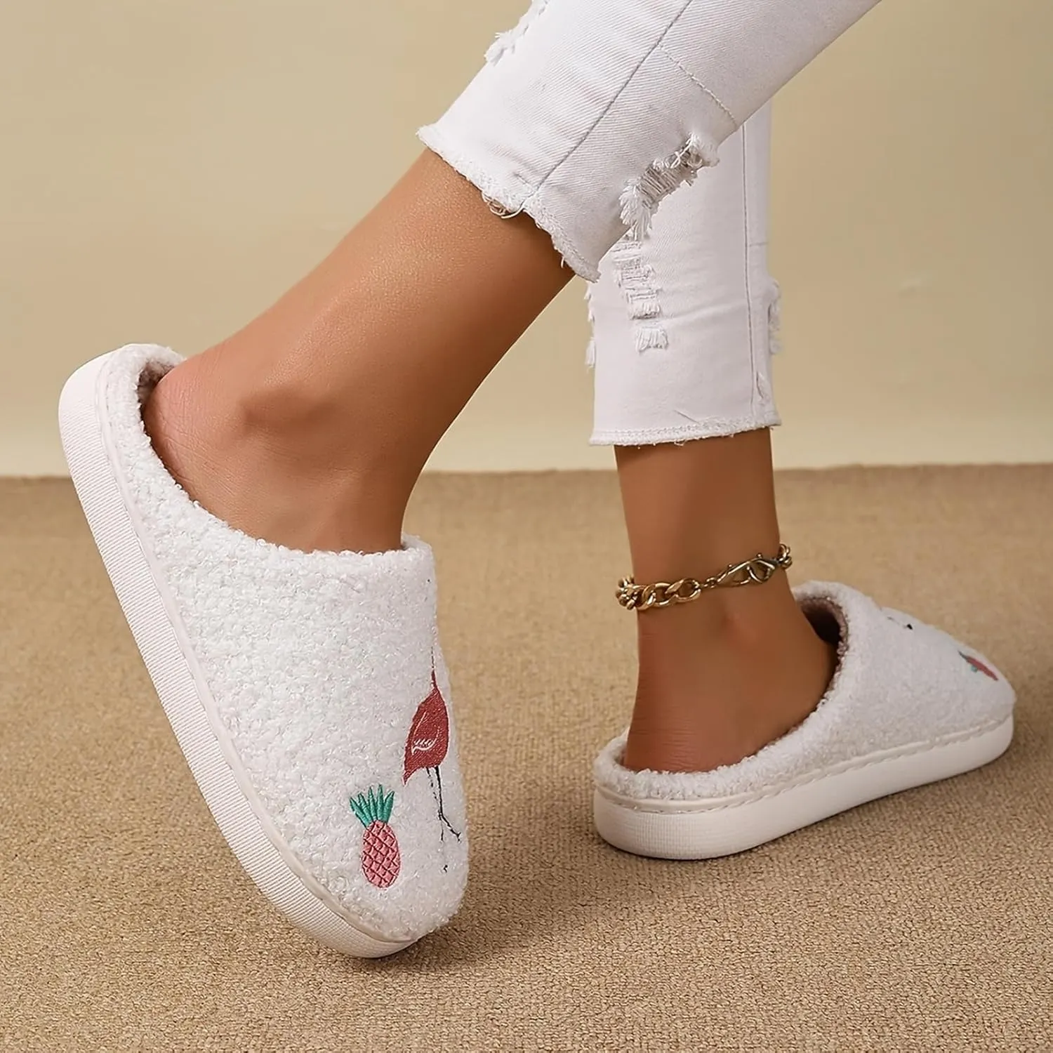 Womens Mens Plant Animal Fruit Slippers Retro Cozy Fluffy Plush Slipper Embroidered printing Warm Memory Foam Indoor Outdoor House Shoes