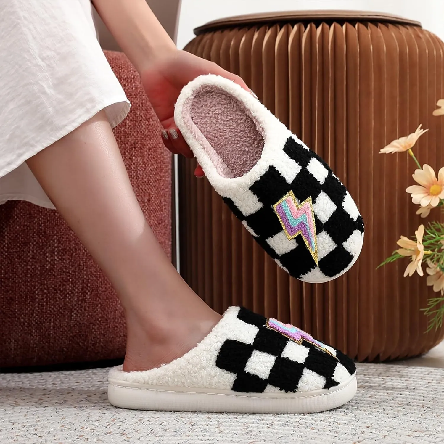 Womens Mens Plant Animal Fruit Slippers Retro Cozy Fluffy Plush Slipper Embroidered printing Warm Memory Foam Indoor Outdoor House Shoes