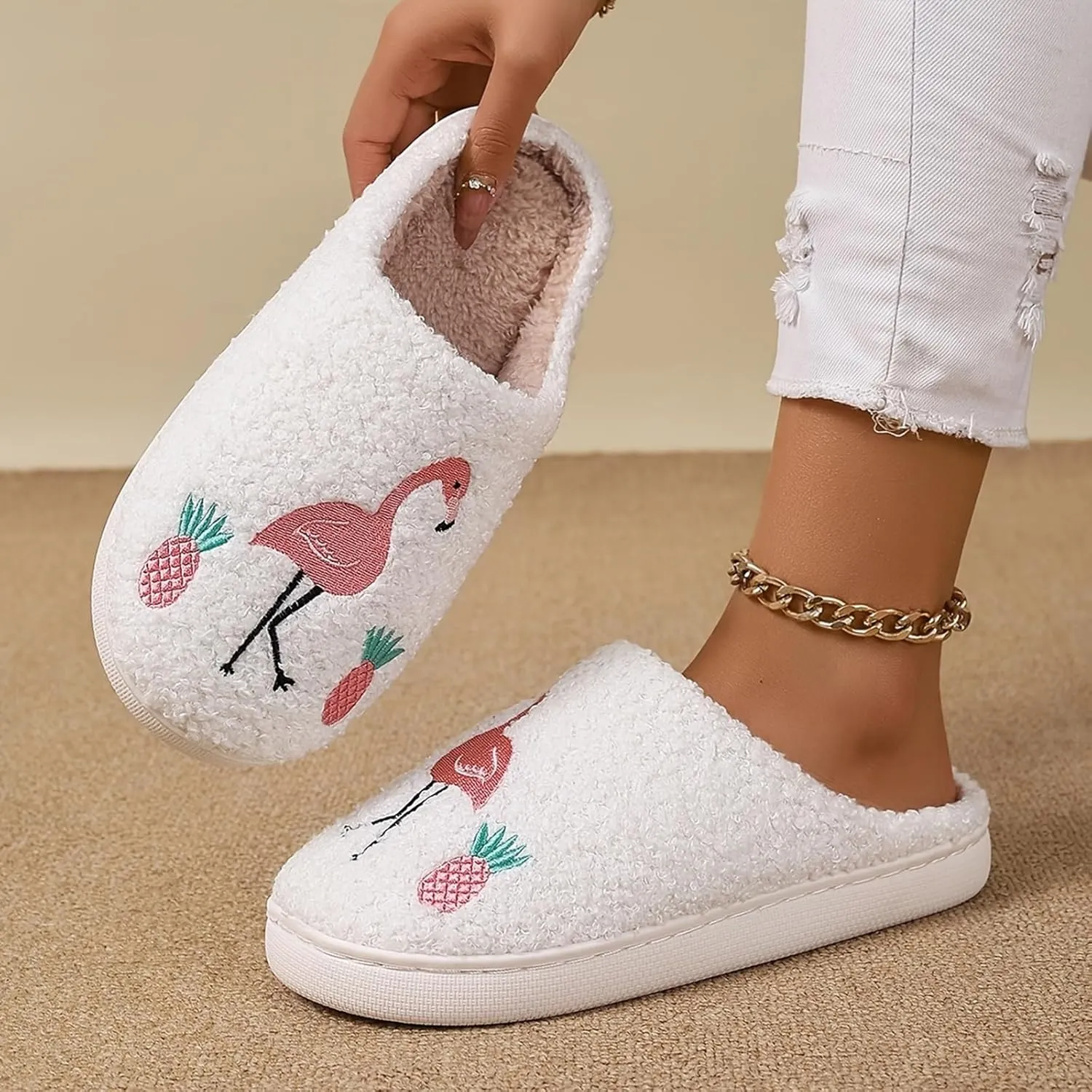 Womens Mens Plant Animal Fruit Slippers Retro Cozy Fluffy Plush Slipper Embroidered printing Warm Memory Foam Indoor Outdoor House Shoes