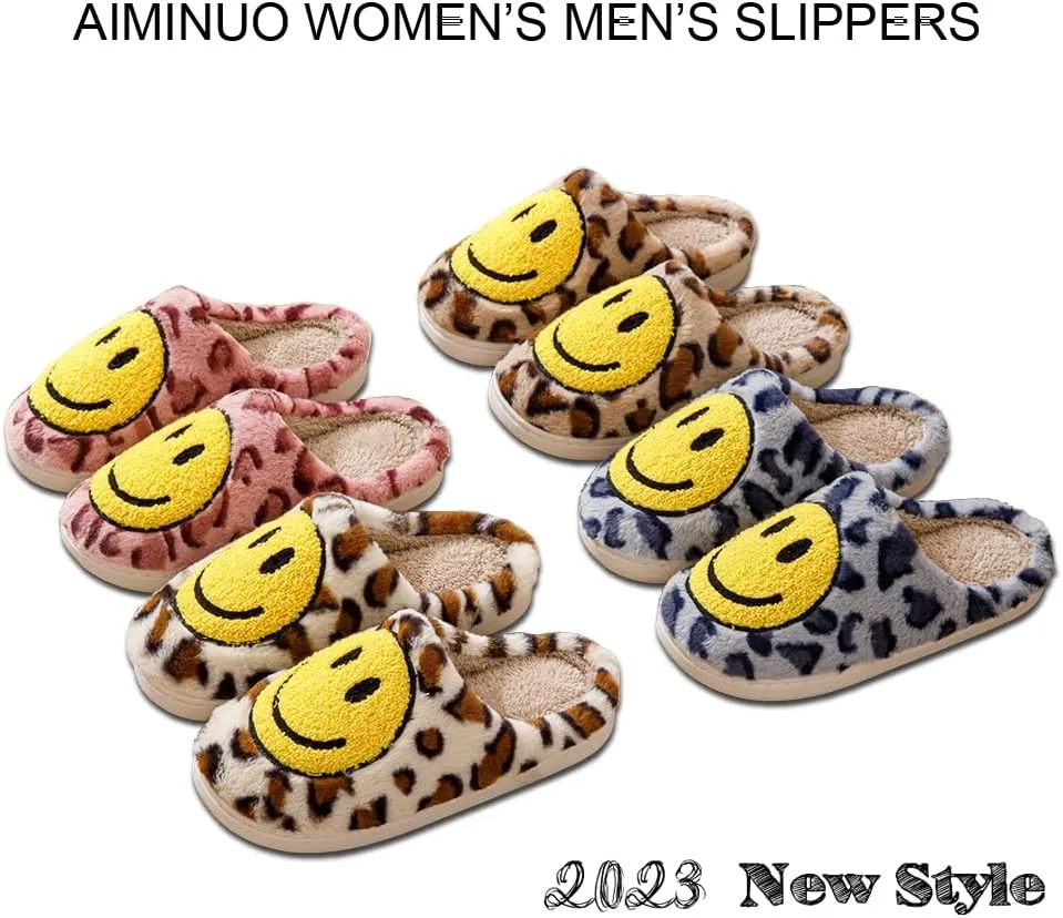 Women's Men's Retro Preppy Happy Face Slippers Comfy Warm Plush Slip-On House Slipper for Winter Indoor Soft Cushion Non-slip Fluffy Slides Slippers