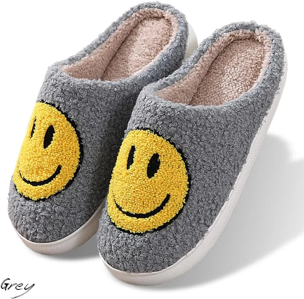 Women's Men's Retro Preppy Happy Face Slippers Comfy Warm Plush Slip-On House Slipper for Winter Indoor Soft Cushion Non-slip Fluffy Slides Slippers