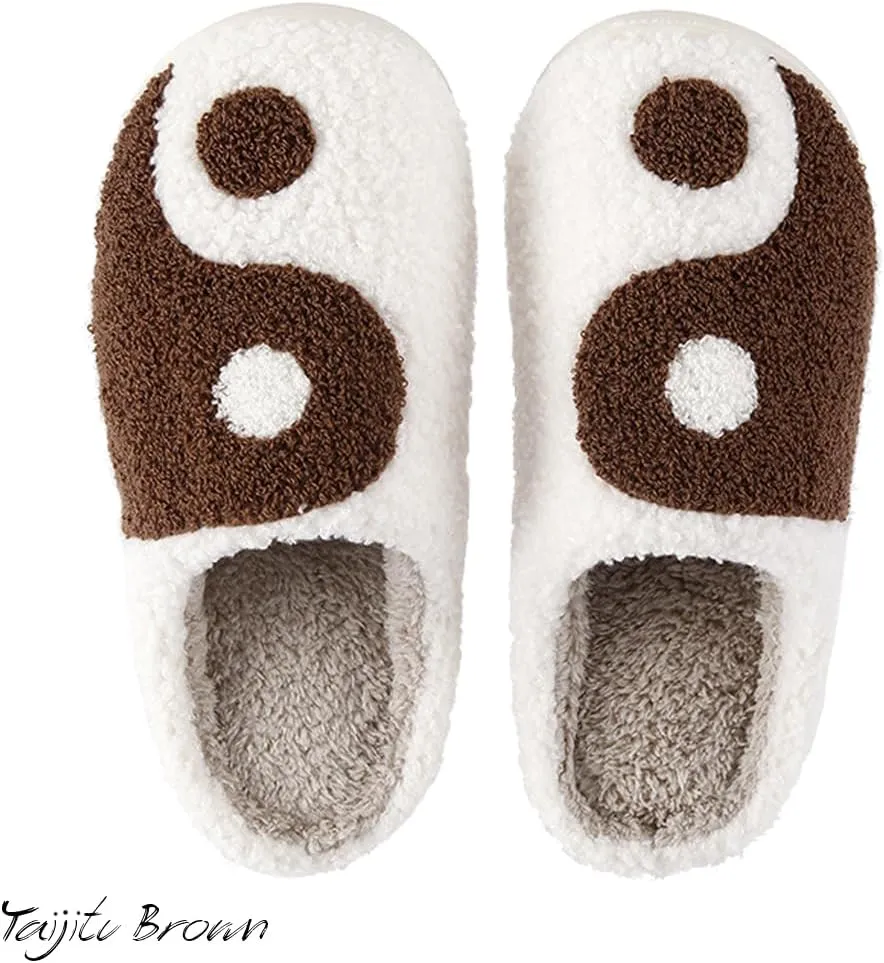Women's Men's Retro Preppy Happy Face Slippers Comfy Warm Plush Slip-On House Slipper for Winter Indoor Soft Cushion Non-slip Fluffy Slides Slippers