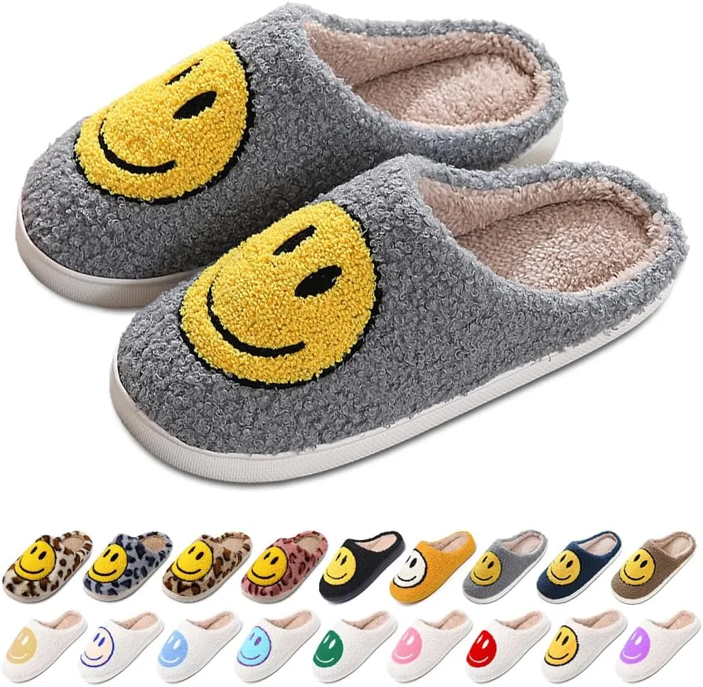 Women's Men's Retro Preppy Happy Face Slippers Comfy Warm Plush Slip-On House Slipper for Winter Indoor Soft Cushion Non-slip Fluffy Slides Slippers