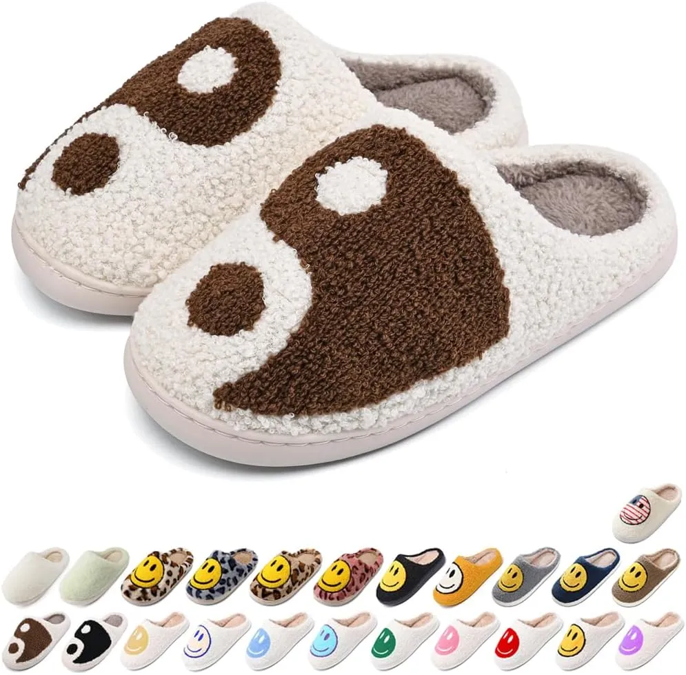 Women's Men's Retro Preppy Happy Face Slippers Comfy Warm Plush Slip-On House Slipper for Winter Indoor Soft Cushion Non-slip Fluffy Slides Slippers