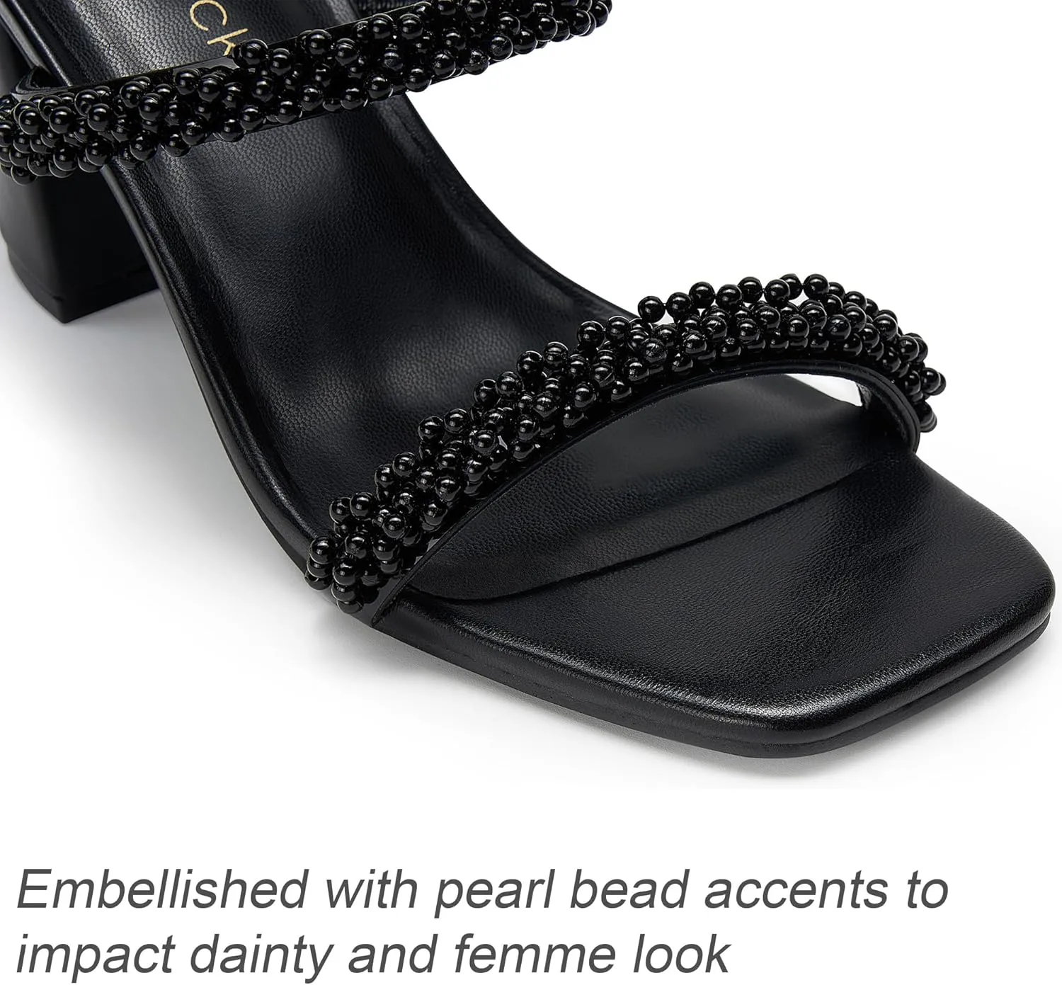 Women's Pearl Heels Chunky Heel Square Toe Two Strap Slip On Block 3.1 Inch Heeled Sandals for Wedding Dress