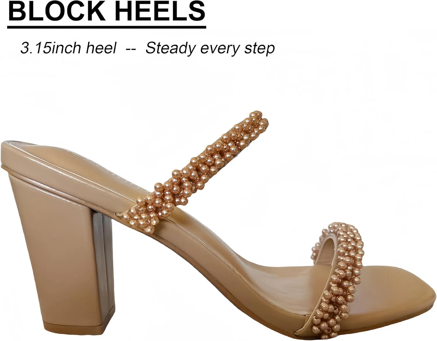 Women's Pearl Heels Chunky Heel Square Toe Two Strap Slip On Block 3.1 Inch Heeled Sandals for Wedding Dress