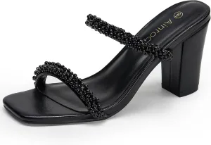 Women's Pearl Heels Chunky Heel Square Toe Two Strap Slip On Block 3.1 Inch Heeled Sandals for Wedding Dress