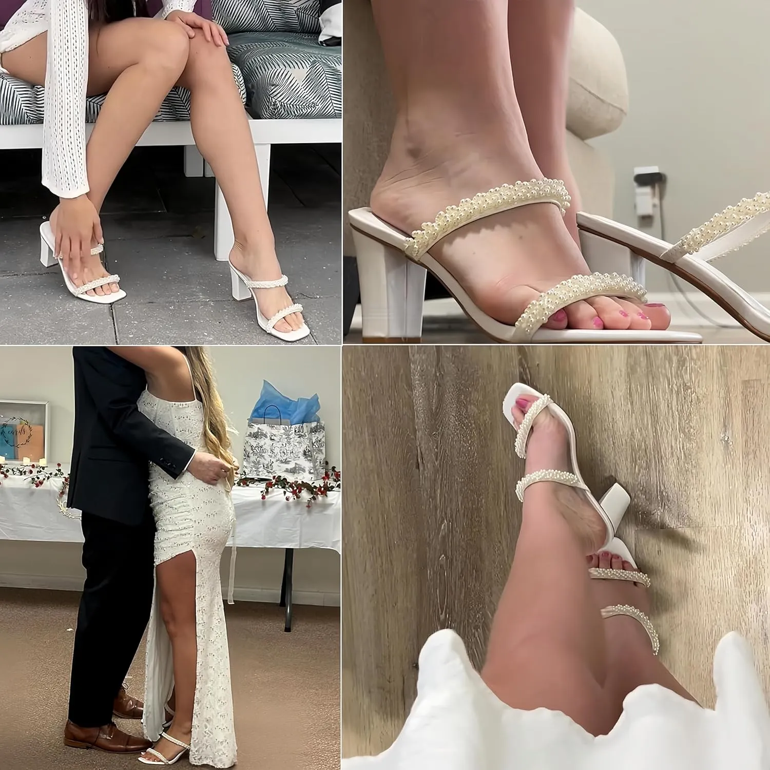 Women's Pearl Heels Chunky Heel Square Toe Two Strap Slip On Block 3.1 Inch Heeled Sandals for Wedding Dress