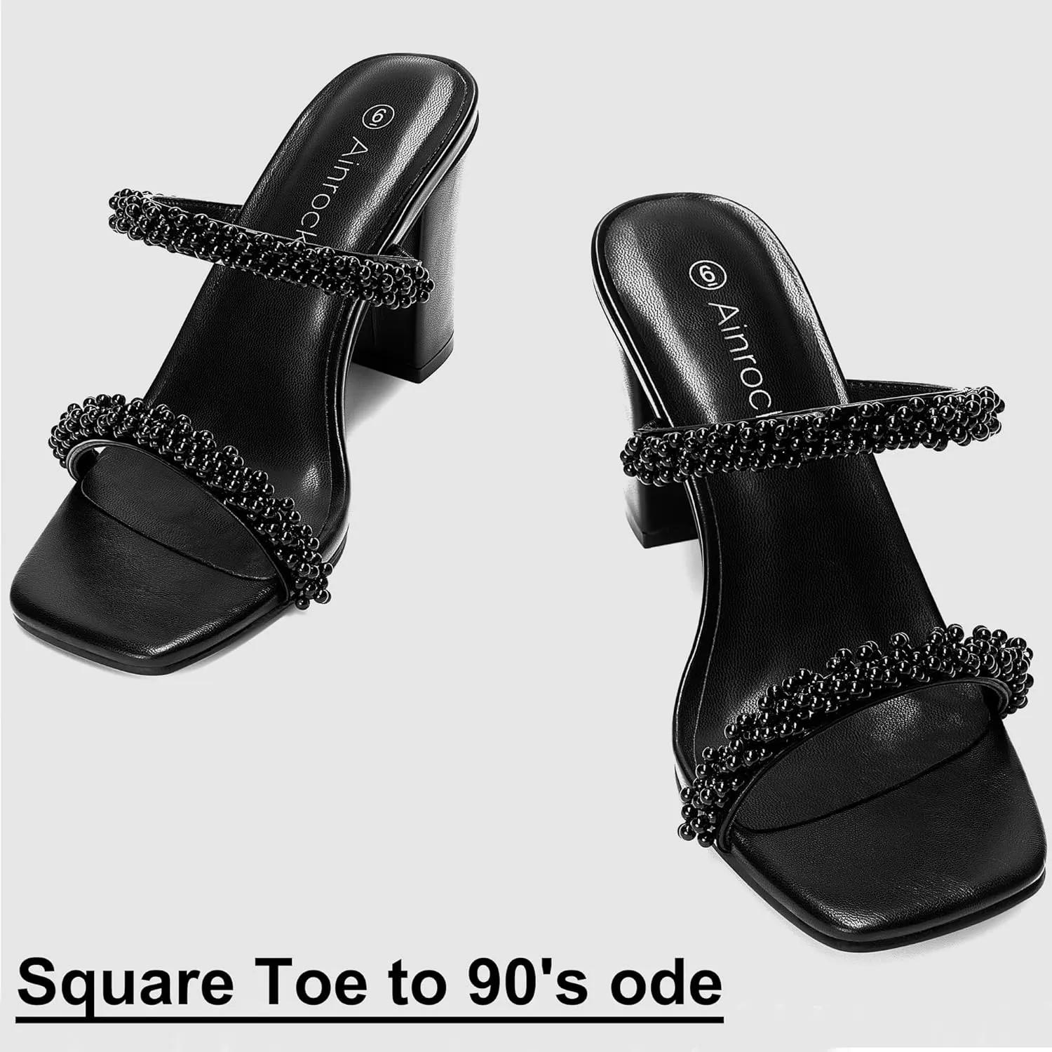 Women's Pearl Heels Chunky Heel Square Toe Two Strap Slip On Block 3.1 Inch Heeled Sandals for Wedding Dress