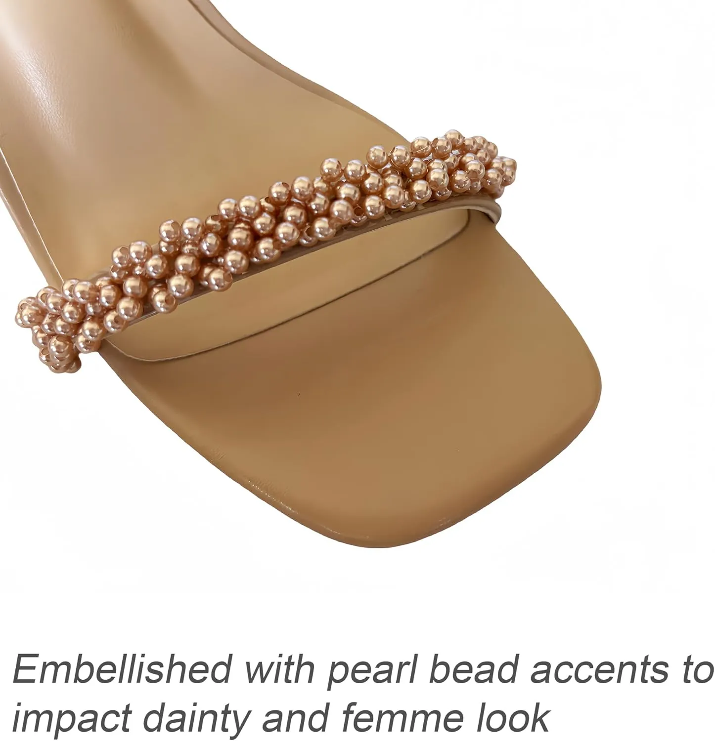 Women's Pearl Heels Chunky Heel Square Toe Two Strap Slip On Block 3.1 Inch Heeled Sandals for Wedding Dress