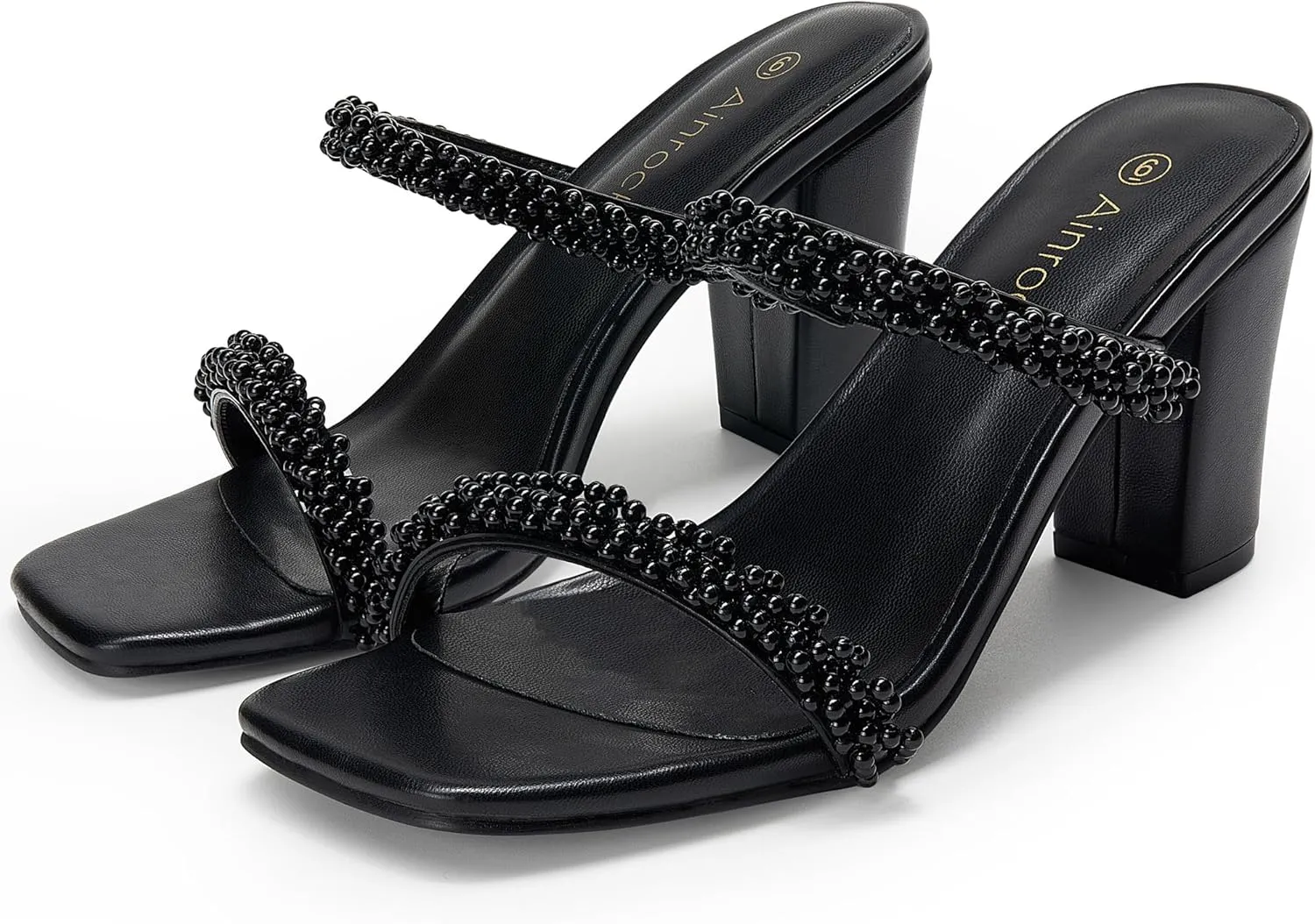 Women's Pearl Heels Chunky Heel Square Toe Two Strap Slip On Block 3.1 Inch Heeled Sandals for Wedding Dress