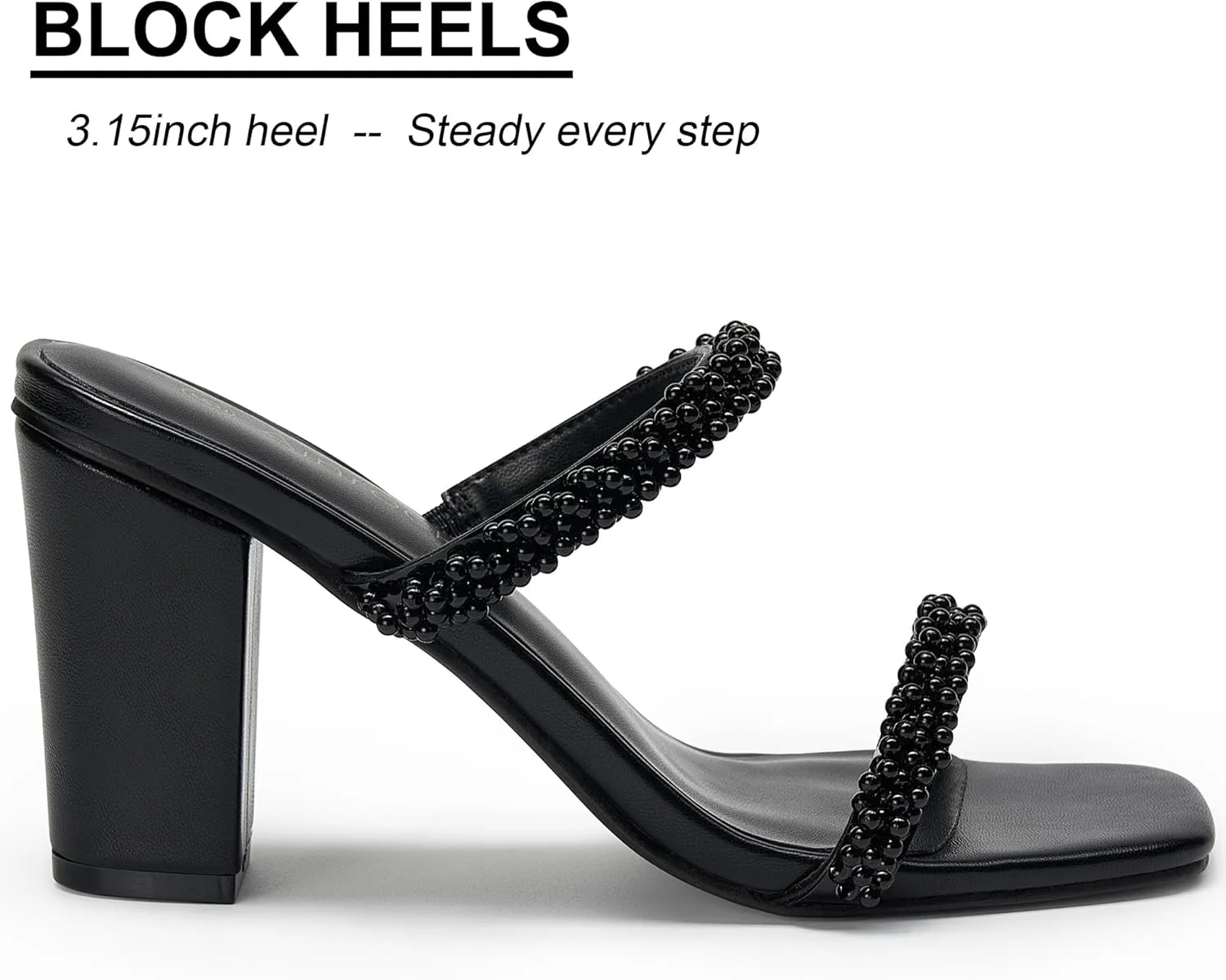 Women's Pearl Heels Chunky Heel Square Toe Two Strap Slip On Block 3.1 Inch Heeled Sandals for Wedding Dress