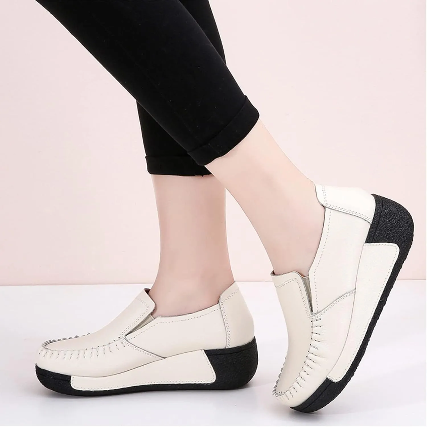Women's Platform Leather Loafers, Breathable Non-Slip Good Arch Work Nurse Shoes, Rocking Walking Slip-On