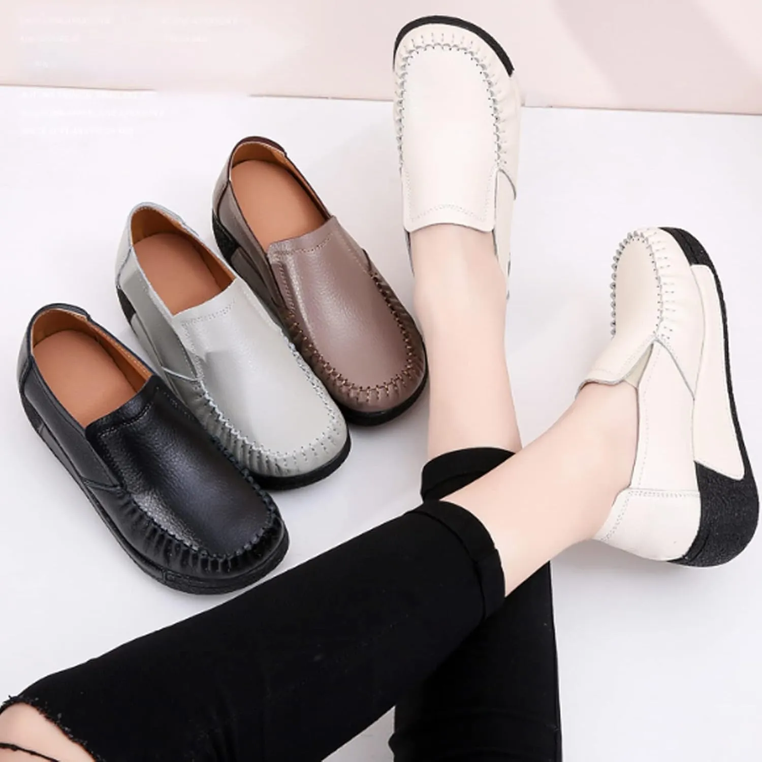 Women's Platform Leather Loafers, Breathable Non-Slip Good Arch Work Nurse Shoes, Rocking Walking Slip-On