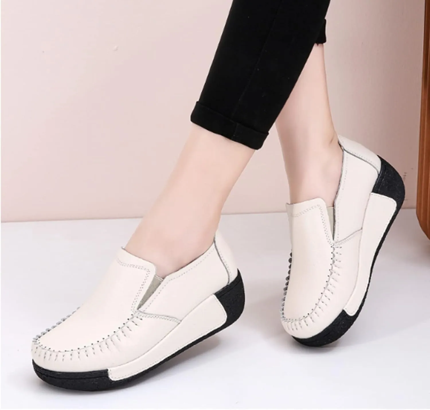 Women's Platform Leather Loafers, Breathable Non-Slip Good Arch Work Nurse Shoes, Rocking Walking Slip-On