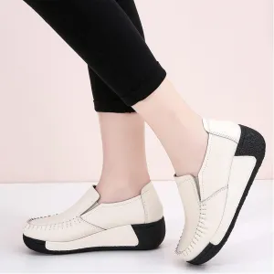 Women's Platform Leather Loafers, Breathable Non-Slip Good Arch Work Nurse Shoes, Rocking Walking Slip-On