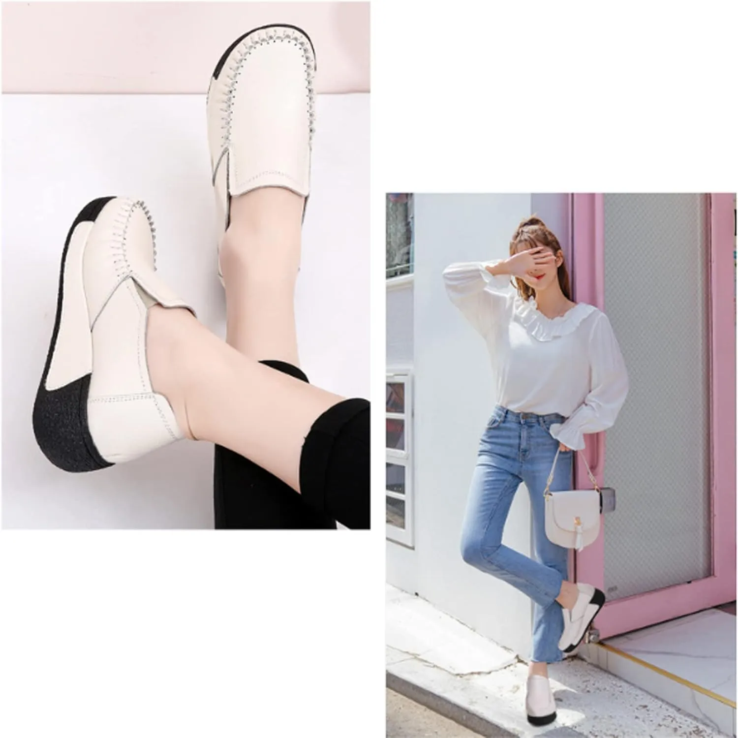 Women's Platform Leather Loafers, Breathable Non-Slip Good Arch Work Nurse Shoes, Rocking Walking Slip-On