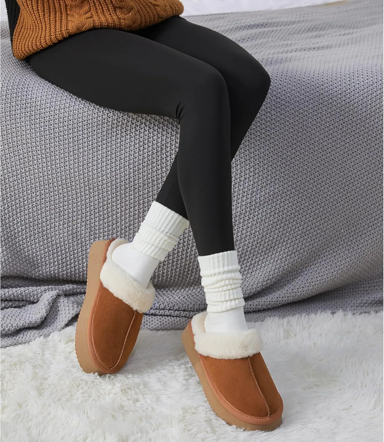 Women's Platform Slippers for Women Slip-on Slippers Winter Fluffy Warm Comfy Furry Shoes for Outdoor Indoor House