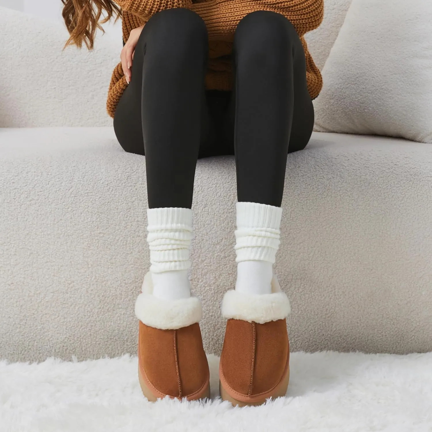 Women's Platform Slippers for Women Slip-on Slippers Winter Fluffy Warm Comfy Furry Shoes for Outdoor Indoor House