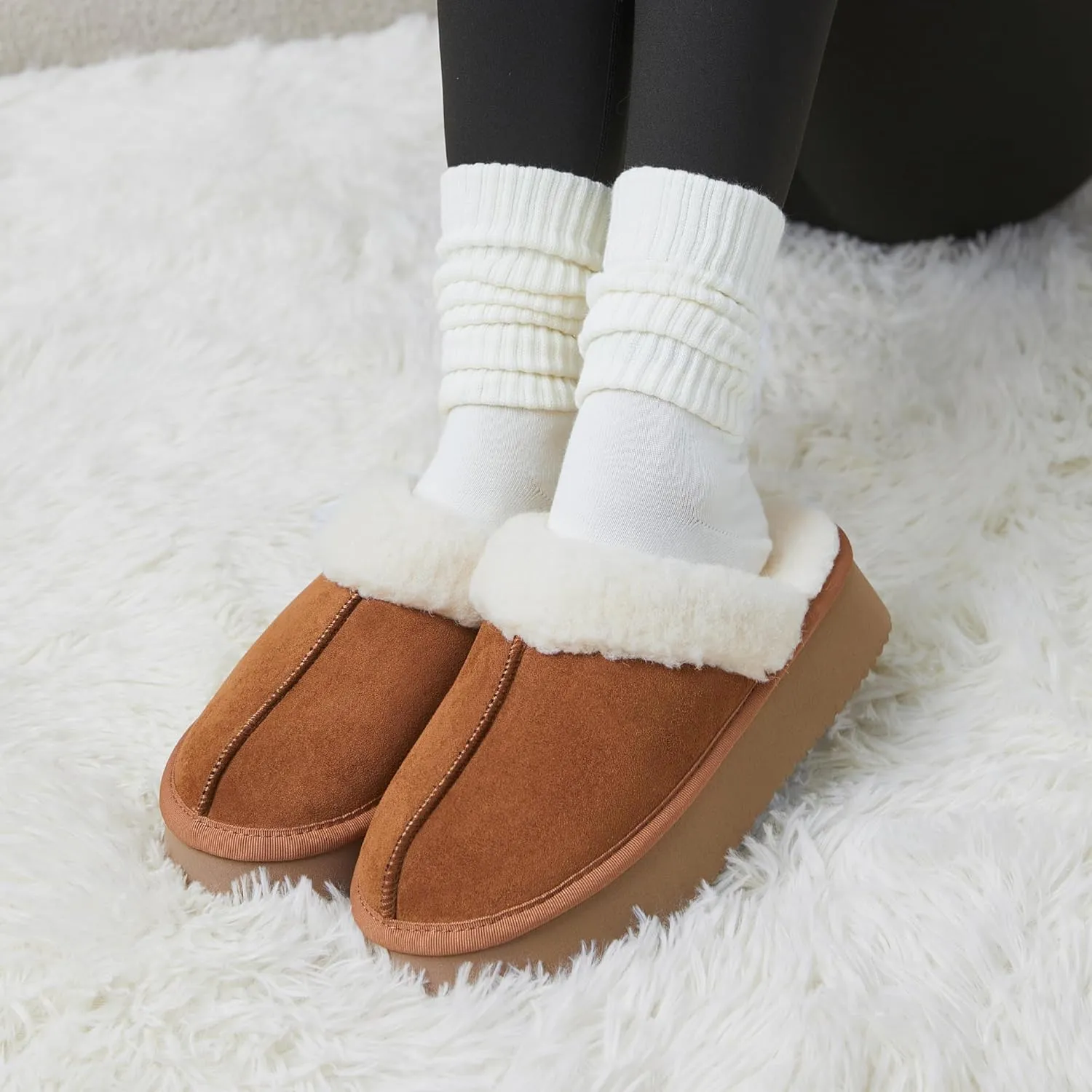 Women's Platform Slippers for Women Slip-on Slippers Winter Fluffy Warm Comfy Furry Shoes for Outdoor Indoor House