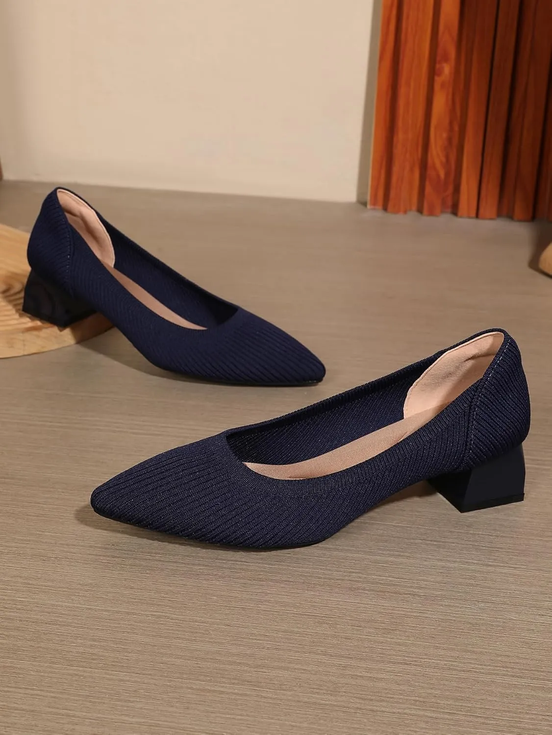 Women's Pointed Closed Toe Low Heel Knit Pumps Chunky Block Heels for Women Comfy Soft Lady Daily Work Office Casual Slip On Breathable Knit Shoes 1.57 Inch