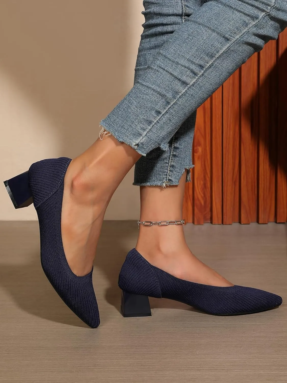 Women's Pointed Closed Toe Low Heel Knit Pumps Chunky Block Heels for Women Comfy Soft Lady Daily Work Office Casual Slip On Breathable Knit Shoes 1.57 Inch