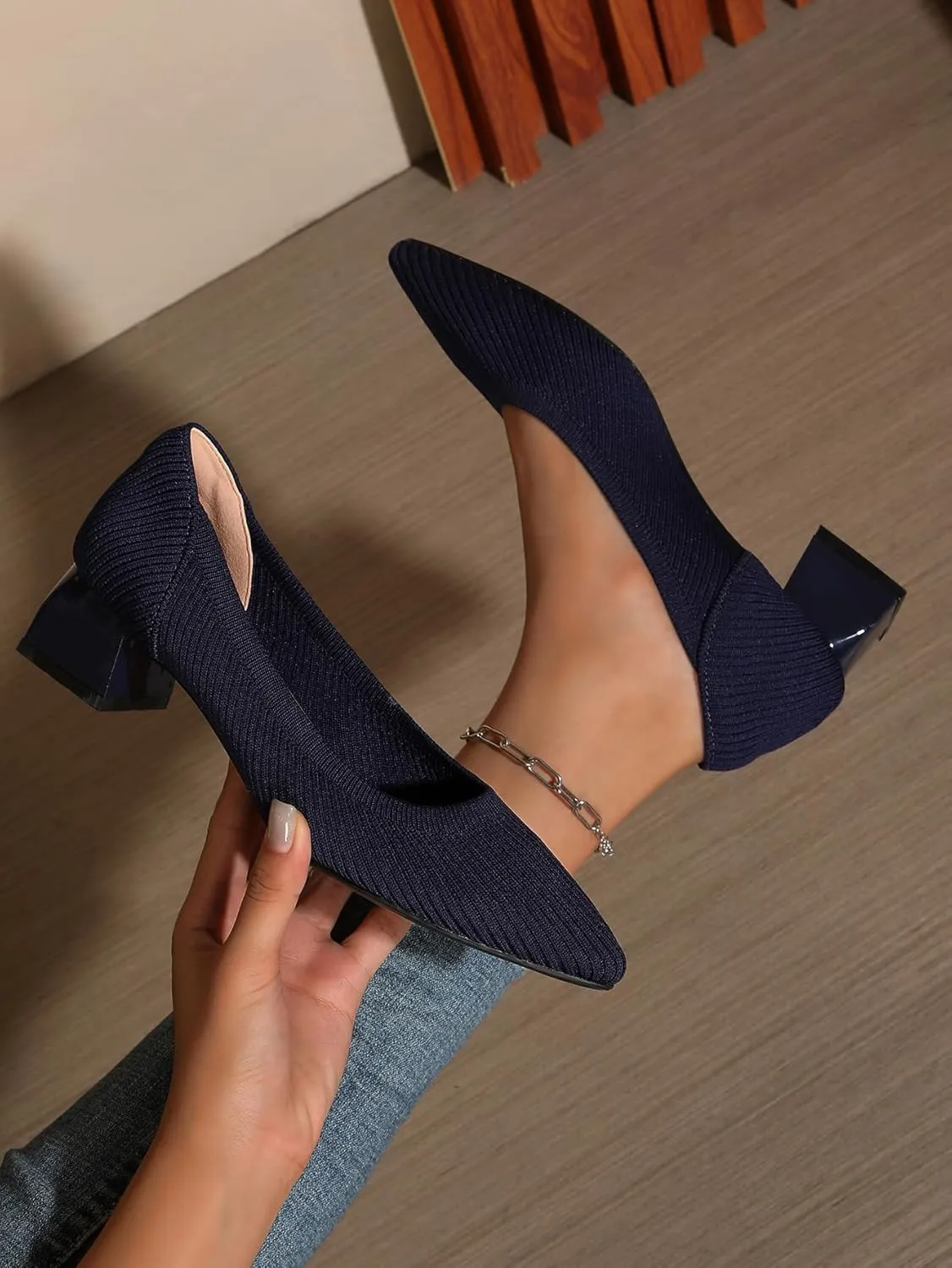 Women's Pointed Closed Toe Low Heel Knit Pumps Chunky Block Heels for Women Comfy Soft Lady Daily Work Office Casual Slip On Breathable Knit Shoes 1.57 Inch