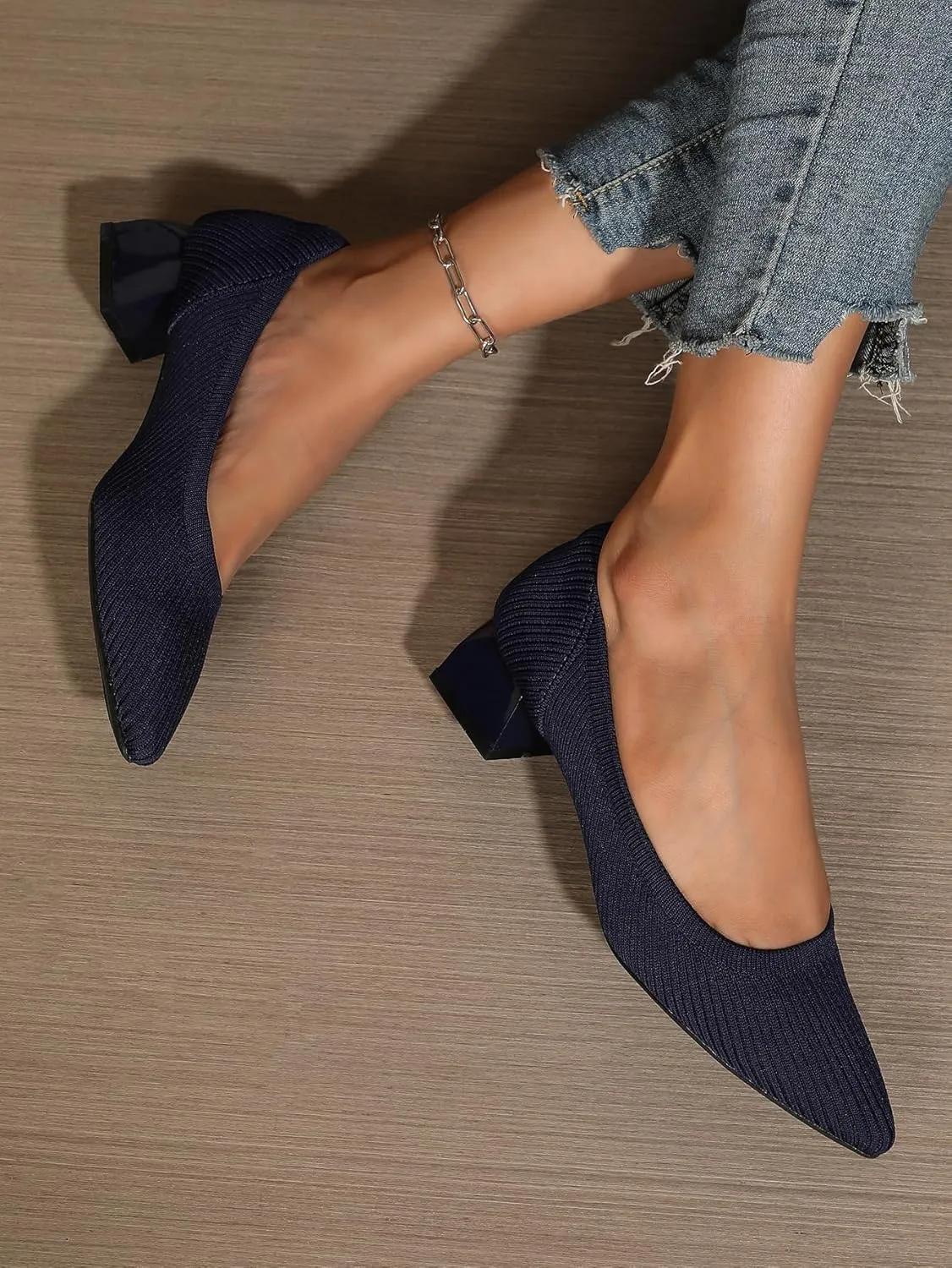 Women's Pointed Closed Toe Low Heel Knit Pumps Chunky Block Heels for Women Comfy Soft Lady Daily Work Office Casual Slip On Breathable Knit Shoes 1.57 Inch