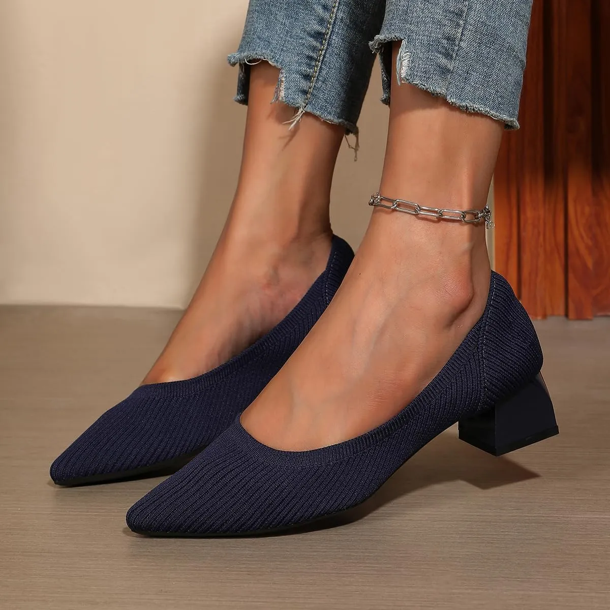 Women's Pointed Closed Toe Low Heel Knit Pumps Chunky Block Heels for Women Comfy Soft Lady Daily Work Office Casual Slip On Breathable Knit Shoes 1.57 Inch