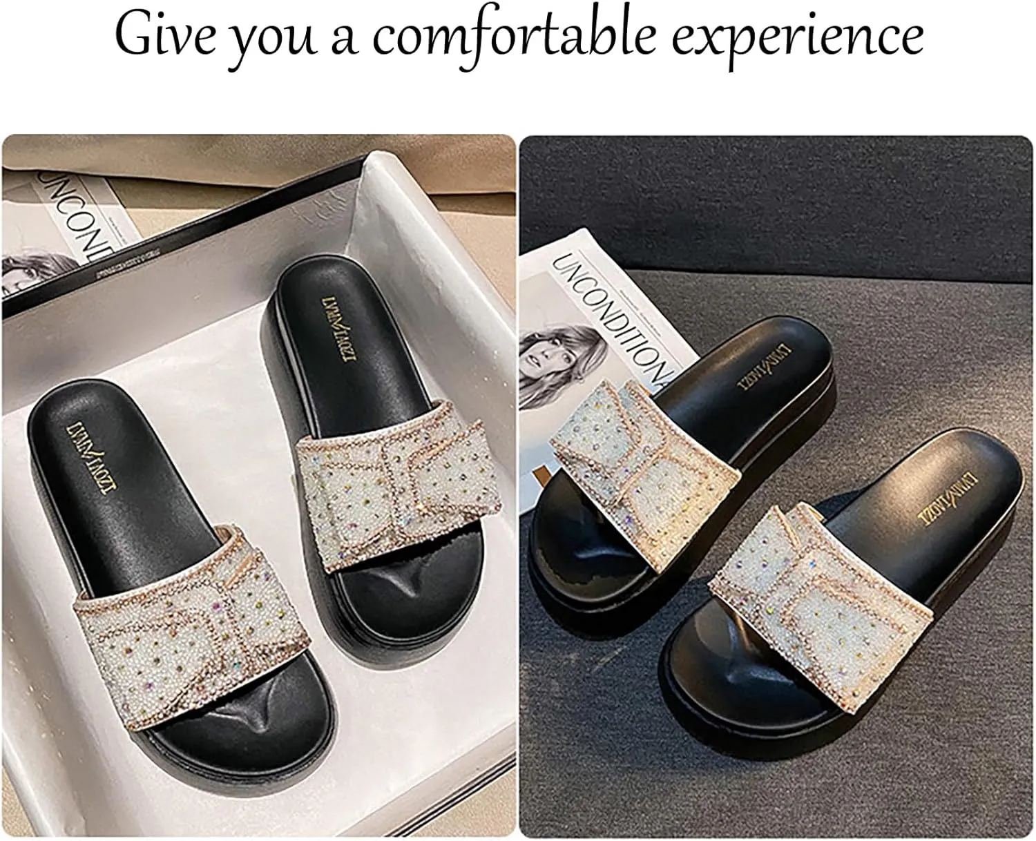 Women's Rhinestone Bow Platform Cloud Slides Sandals Soft Memory Foam Padded Chunky Platform Fashion Comfy Slippers Non-Slip Round Head Slip On Summer Beach Slides
