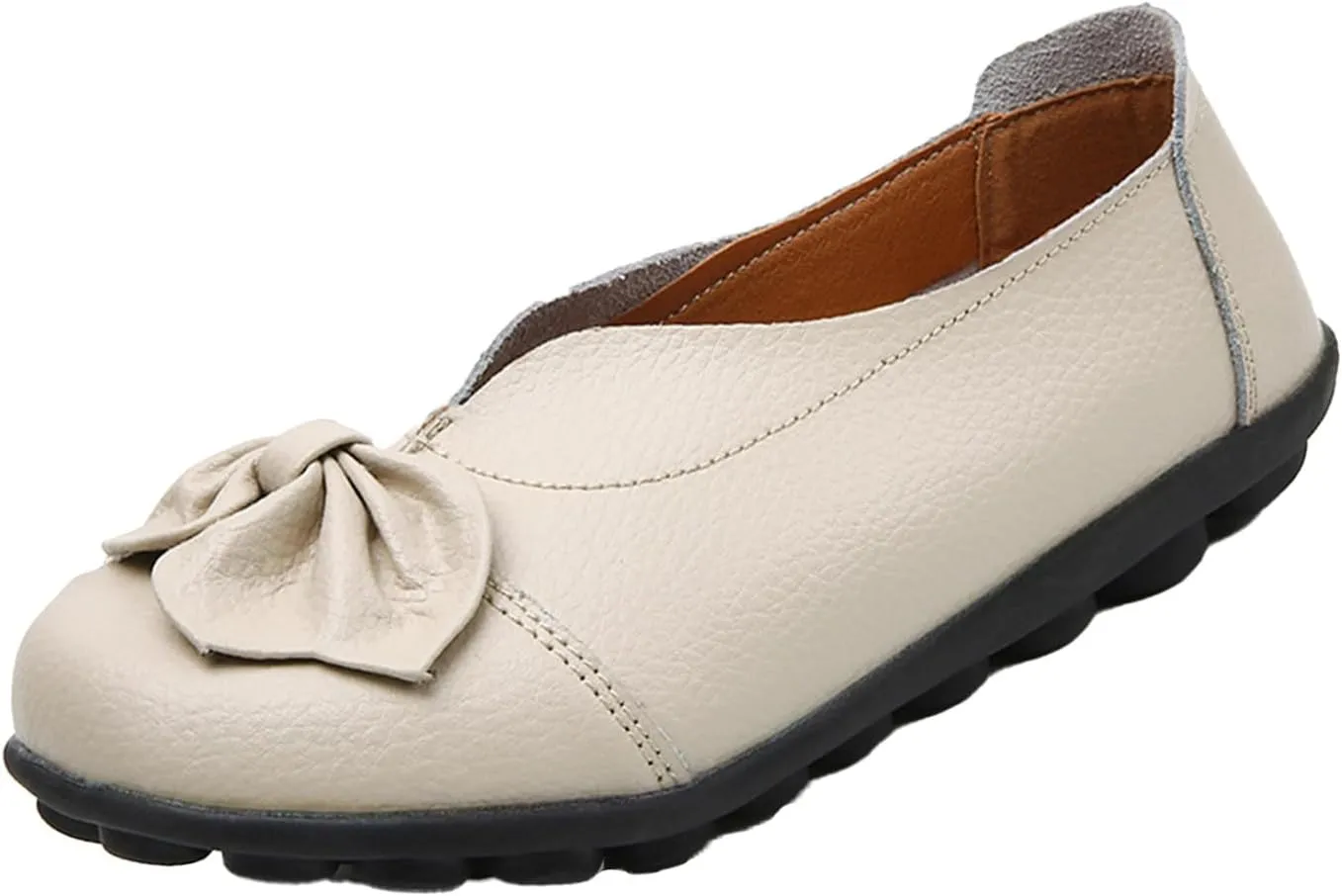 Women's Slip On Leather Loafers,Vintage Cute Handmade Bow Comfy Non-Slip Softsole Walking Casual Moccasins Dress Pumps