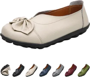 Women's Slip On Leather Loafers,Vintage Cute Handmade Bow Comfy Non-Slip Softsole Walking Casual Moccasins Dress Pumps