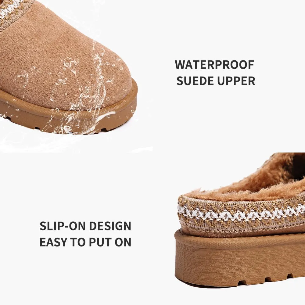 Women’s Slippers Platform Mini Boots for Suede Leather Slip-on Fluffy Warm Comfy