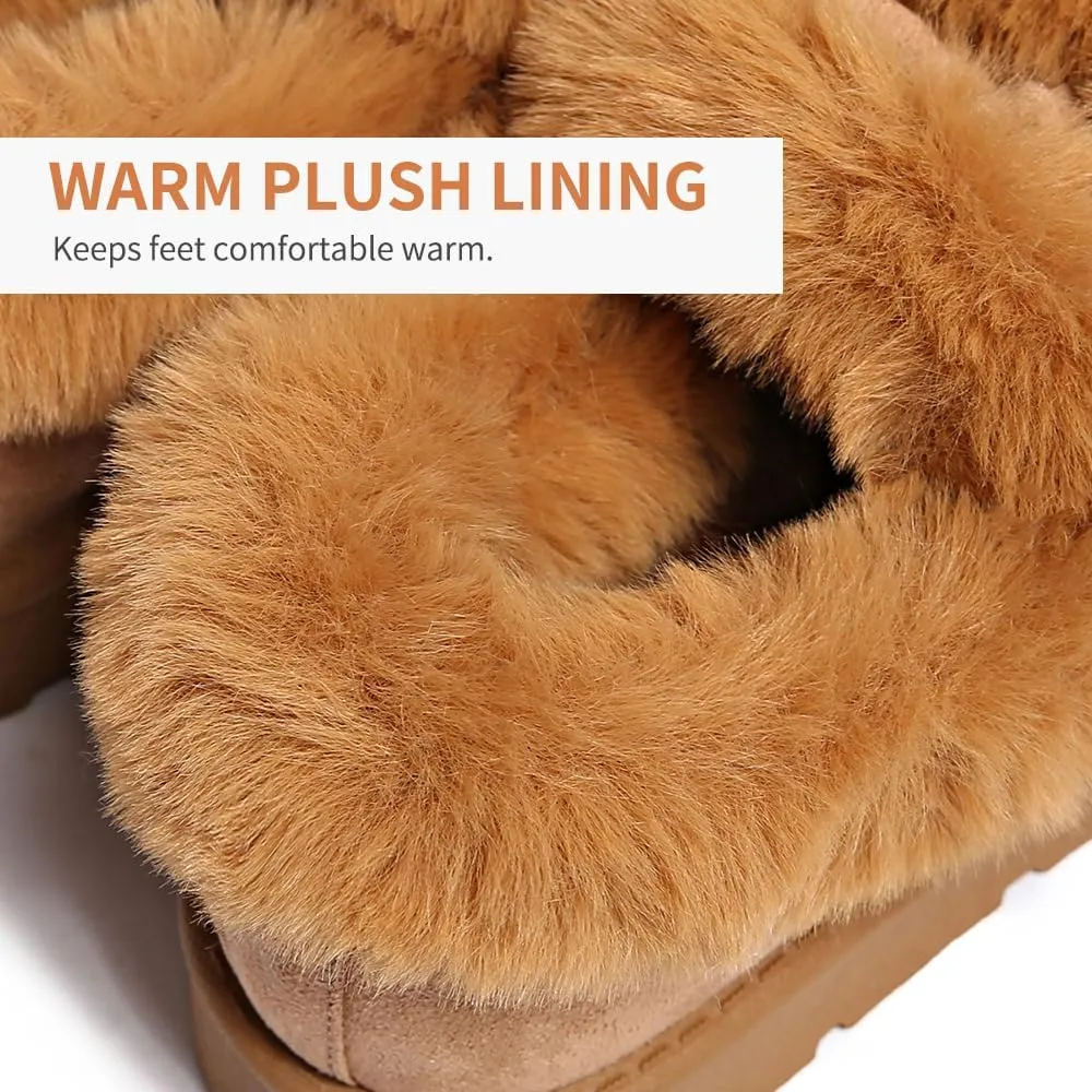 Women’s Slippers Platform Mini Boots for Suede Leather Slip-on Fluffy Warm Comfy