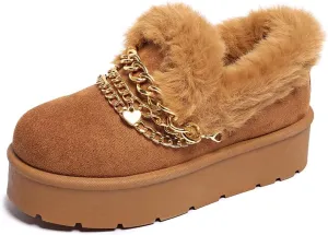 Women’s Slippers Platform Mini Boots for Suede Leather Slip-on Fluffy Warm Comfy
