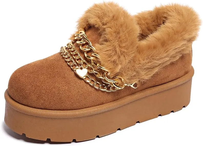 Women’s Slippers Platform Mini Boots for Suede Leather Slip-on Fluffy Warm Comfy