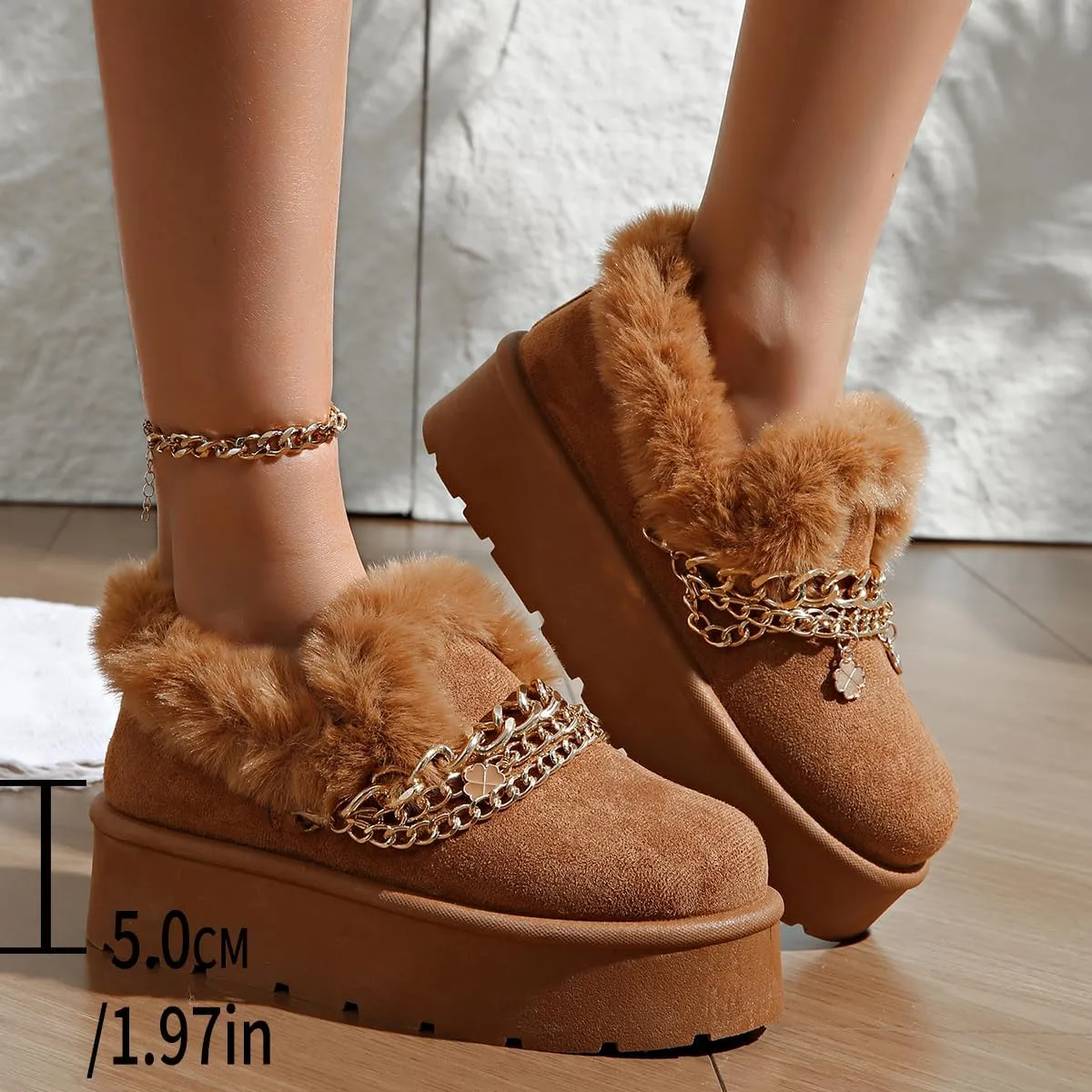 Women’s Slippers Platform Mini Boots for Suede Leather Slip-on Fluffy Warm Comfy