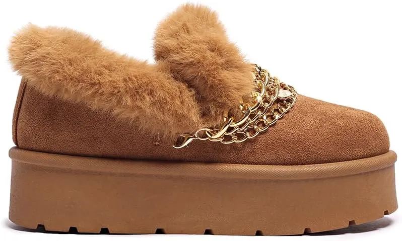 Women’s Slippers Platform Mini Boots for Suede Leather Slip-on Fluffy Warm Comfy