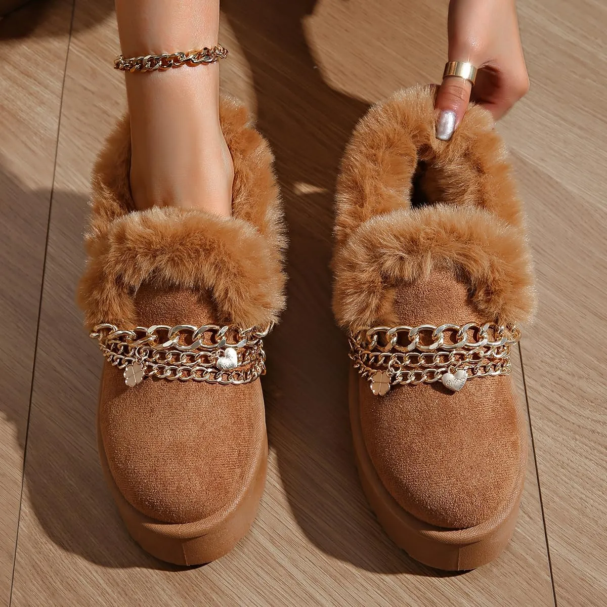 Women’s Slippers Platform Mini Boots for Suede Leather Slip-on Fluffy Warm Comfy