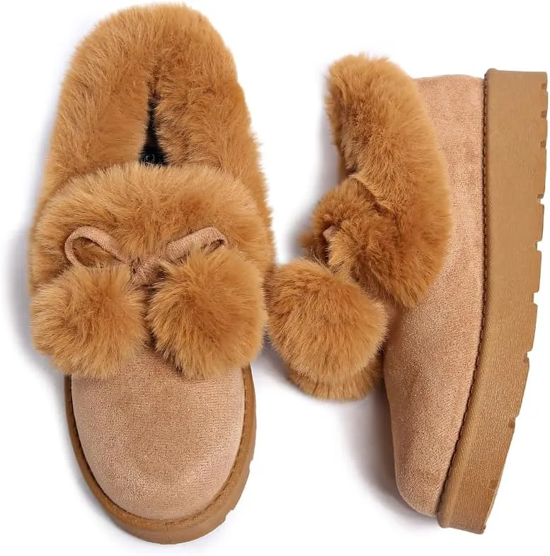 Women’s Slippers Platform Mini Boots for Suede Leather Slip-on Fluffy Warm Comfy