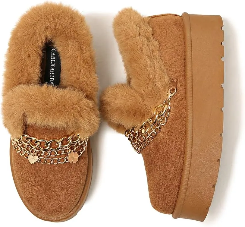 Women’s Slippers Platform Mini Boots for Suede Leather Slip-on Fluffy Warm Comfy