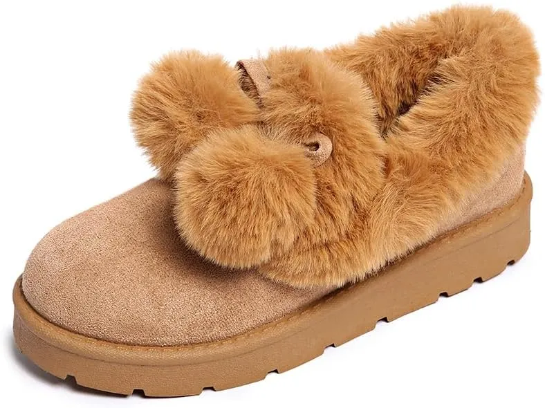 Women’s Slippers Platform Mini Boots for Suede Leather Slip-on Fluffy Warm Comfy