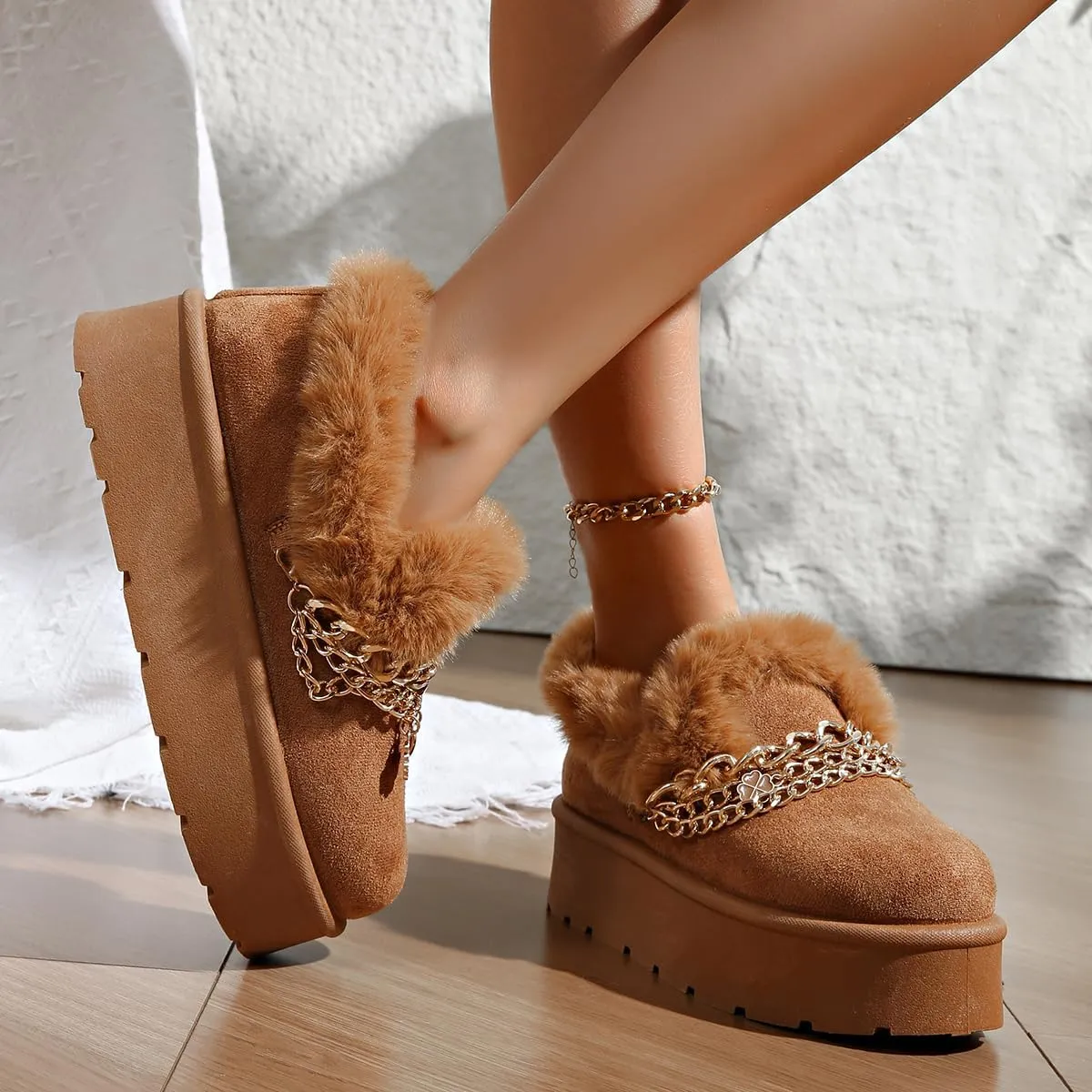 Women’s Slippers Platform Mini Boots for Suede Leather Slip-on Fluffy Warm Comfy