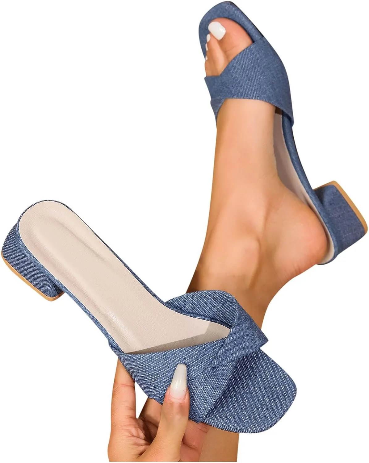 Women's Splicing Denim Colorblock Low Heel Trendy Business Square Toe Sandal Slip on Casual Comfy Dressy Slipper