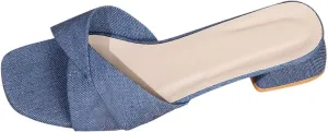 Women's Splicing Denim Colorblock Low Heel Trendy Business Square Toe Sandal Slip on Casual Comfy Dressy Slipper