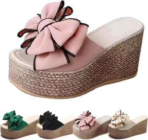Women's Wedge Flip Flops with Bow, Platform Espadrille Sandals, Summer Beach Slides, Open Toe Comfy Thong Slippers
