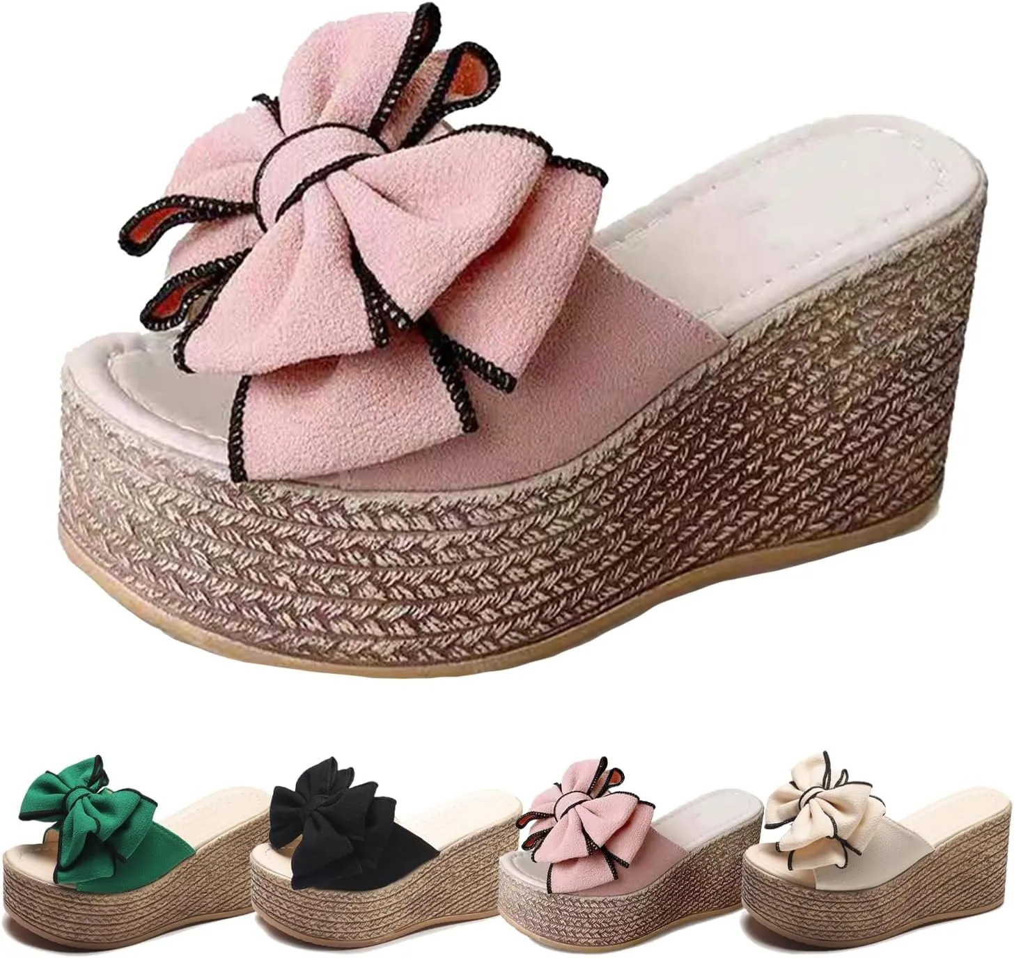 Women's Wedge Flip Flops with Bow, Platform Espadrille Sandals, Summer Beach Slides, Open Toe Comfy Thong Slippers
