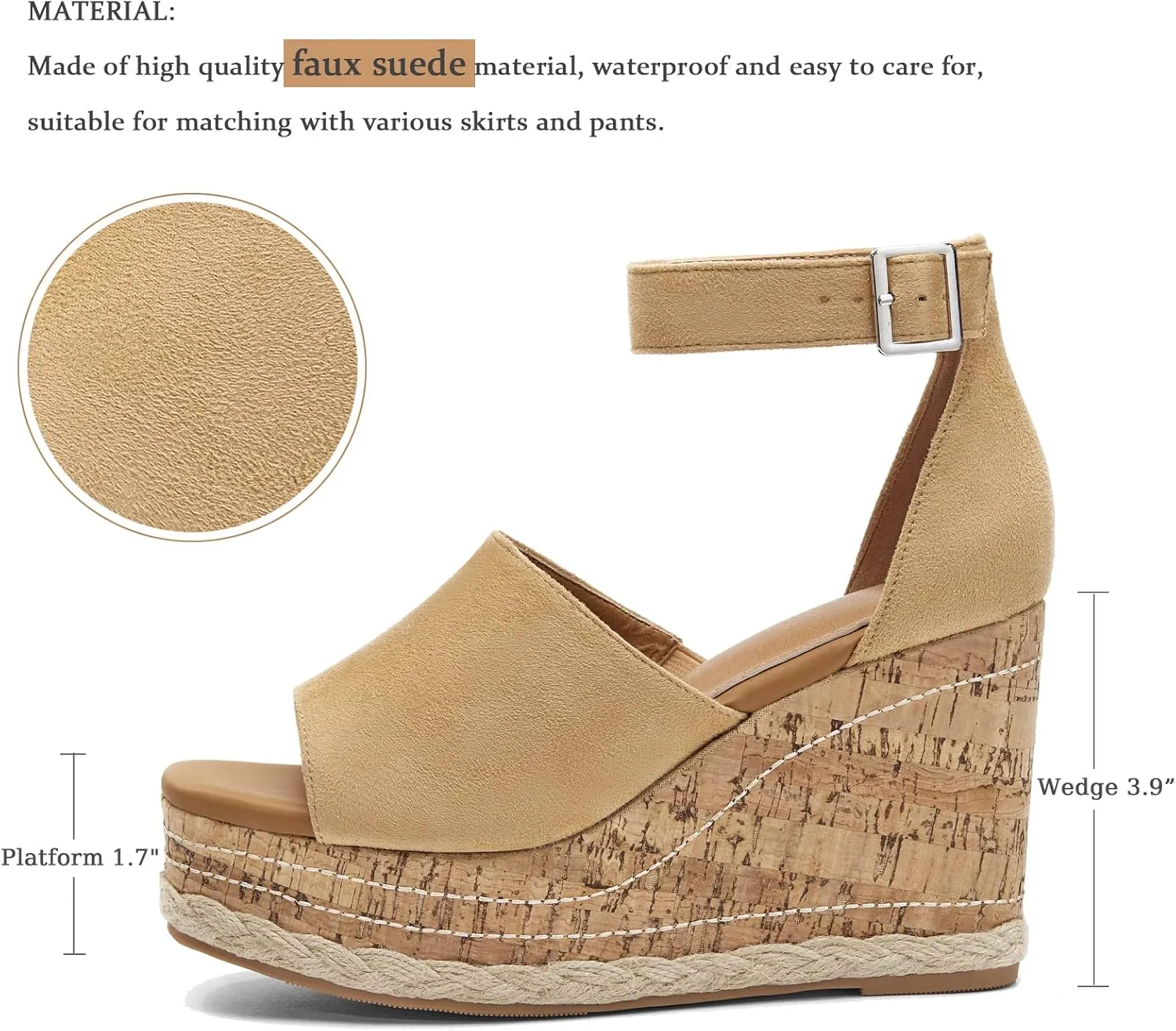 Women's Wedge Platform Espadrille Sandals Braided Open Square Toe Ankle Buckle Strappy Cork Sole Summer Shoes